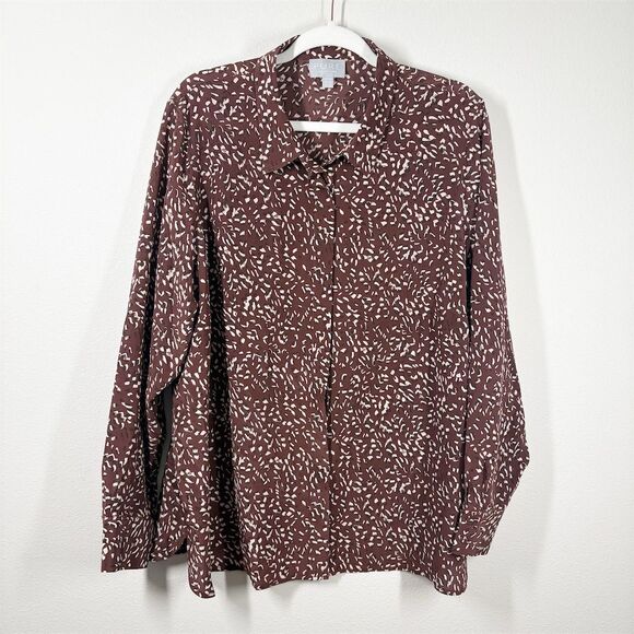 Pure‎ Collection Washed Silk Relaxed Button Up Blouse Size 18 Brown Animal Spot - Picture 1 of 9